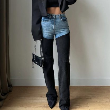 Spring Leisure Color Contrast Patchwork Straight Women's Worn Jeans
