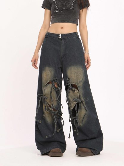 Ripped Love Lace-up Jeans Women's High Waist Straight Wide Leg Pants - Image 4