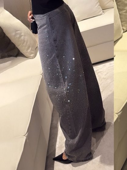 High - Waisted Wide - Leg Jeans With Sparkling Rhinestone Detailing - Image 2