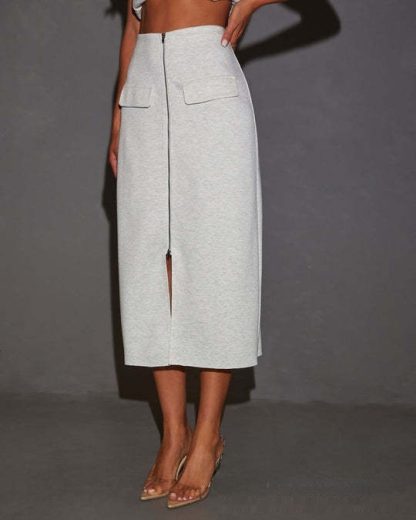 European And American Style Solid Color Stitching Zipper Split High Waist Slim Fit Casual Skirt - Image 5