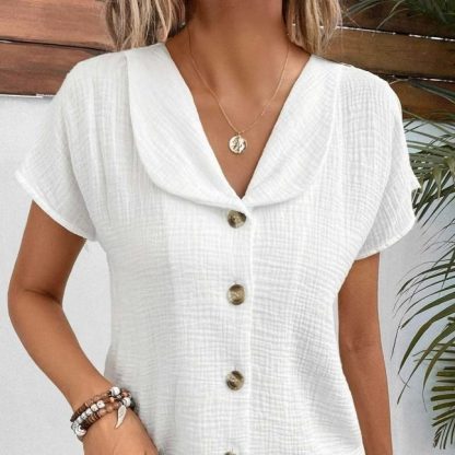 Summer Solid Color Fashion Short-sleeved Cardigan Button Women's Top - Image 2