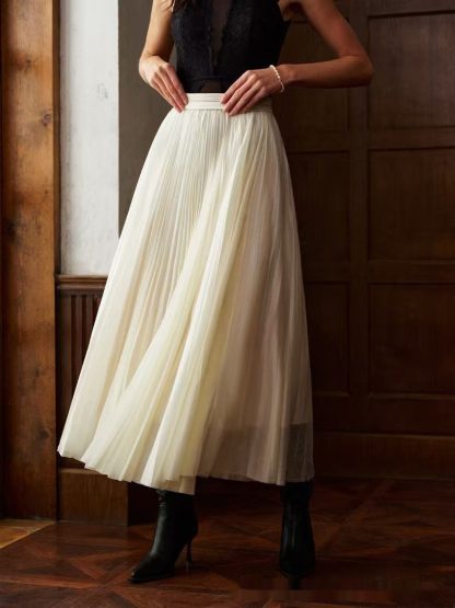 French Style Pleated Stitching High Waist Skirt - Image 5