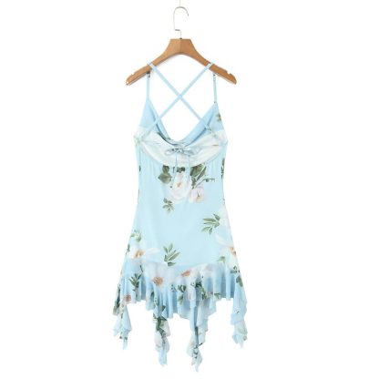 European And American Style Floral Print Asymmetric Knitted Sling Swing Collar Dress - Image 3