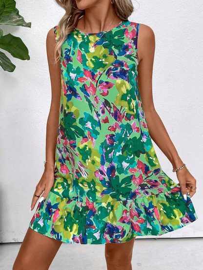 Elegant Women Floral Print Sleeveless Ruffles Dress - Image 6