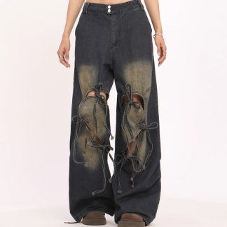 Ripped Love Lace-up Jeans Women's High Waist Straight Wide Leg Pants