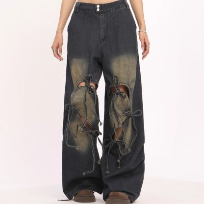 Ripped Love Lace-up Jeans Women's High Waist Straight Wide Leg Pants