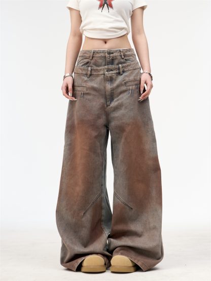 Women's American Retro Washed Double Waisted Jeans - Image 3