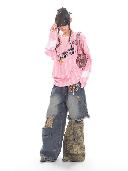 Stitched Camouflage Jeans Fake Two-piece Chain Printed Wide-leg Pants - Image 5