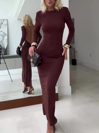 Brown Backless Long Sleeve Maxi Dress - Image 4