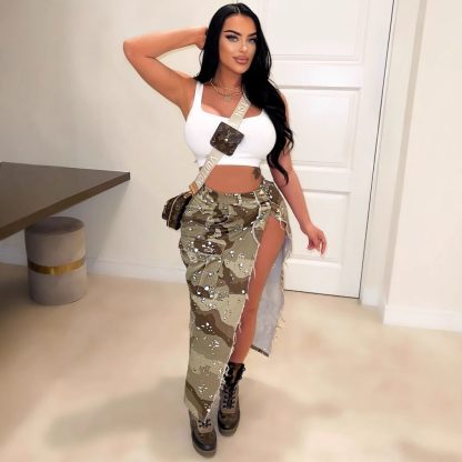 Women's Fashion Personalized Camouflage Wash Pocket Slit Tassel Skirt - Image 4