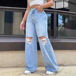 Ripped Washed Jeans Loose Straight Wide Leg