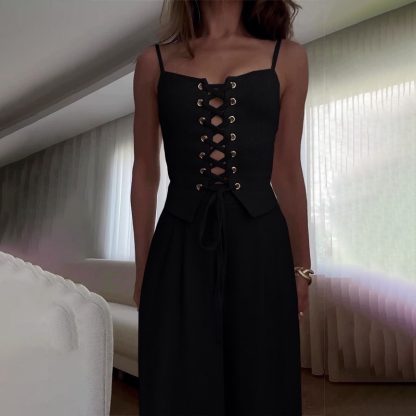 Pure Desire Sexy Cutout Lace-up Casual Wide-leg Pants Set - Image 9