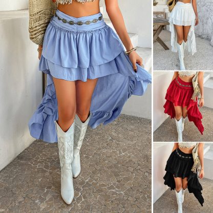 European And American Spring And Summer Leisure Bohemian Vacation Solid Color Pleated Stitching Skirt
