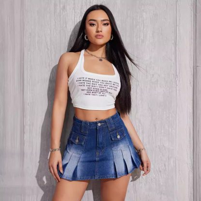 Fashionable All-match Stretch-free Workwear Pleated Denim Skirt - Image 5