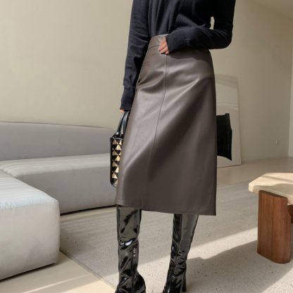 Spring And Autumn New High Waist Simple Version A Versatile Slimming Leather Skirt - Image 2