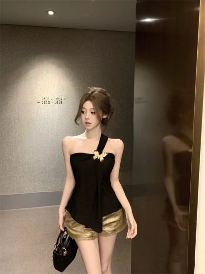 Women's Summer Slim-fit Pure Tube Top Vest Black Short - Image 5