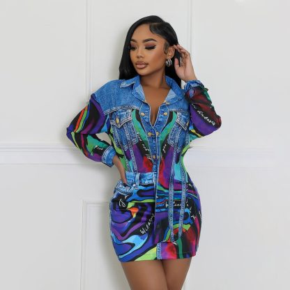 Fashion Denim Printing Lapel Long Sleeve Shirt Slim-fit Hip-wrapped Short Dress Suit