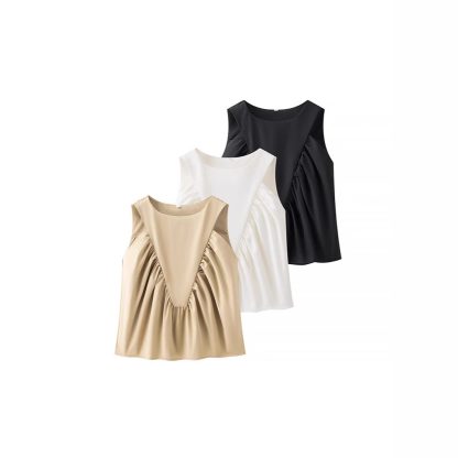Pleated Decorative Vest Women's Solid Color Round Neck Sleeveless Pullover - Image 2