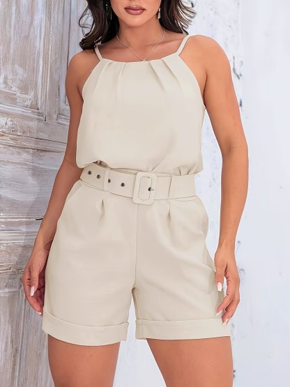 New Solid Color Pleated Pullover High Waist With Belt Hem Shorts Fashion Suspenders Women's Suit - Image 2