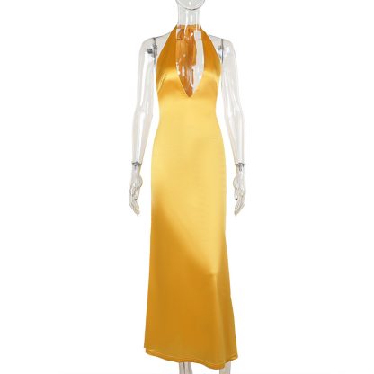 Elegant Sexy Slim Deep V Halter Strap Satin Dress - Image 6