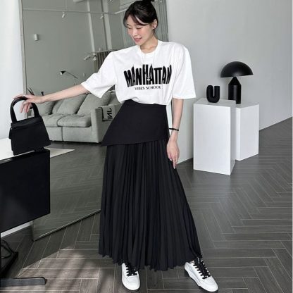 Pleated Contrast Color High Waist Women's All-match Dress - Image 4