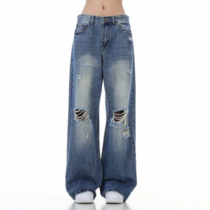 Women's Ripped Washed Blue Jeans - Image 6