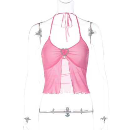 Hot Girl's Sexy Pink Mesh Stitching Chest-wrapped Halter Vest - Image 6