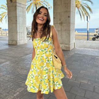 Fashion Small Temperament Printed Linen Blended Mini Dress