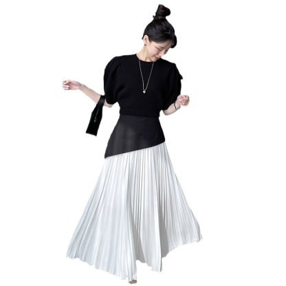 Pleated Contrast Color High Waist Women's All-match Dress - Image 5