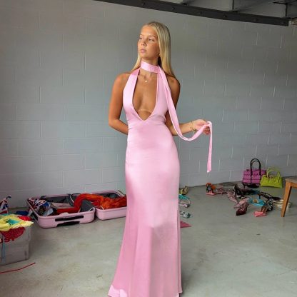 Elegant Sexy Slim Deep V Halter Strap Satin Dress - Image 3