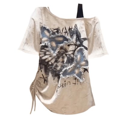 Slightly Fat Beautiful Butterfly Oblique Shoulder Tops Loose Short Sleeve - Image 6