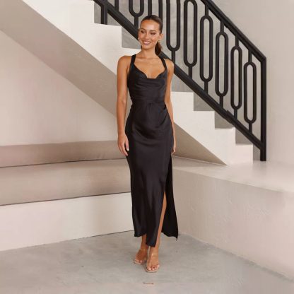 Solid Color Slim Fit Slit Dress Women - Image 2