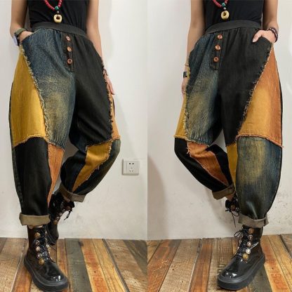 New Personalized Breasted Frayed Color Block Denim Harem Pants Loose Slimming Women - Image 6