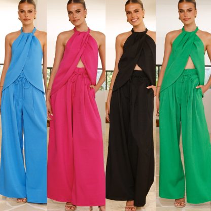 Women's Round Neck Wide Leg Pants Suit - Image 6