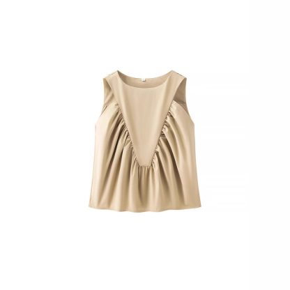 Pleated Decorative Vest Women's Solid Color Round Neck Sleeveless Pullover - Image 3
