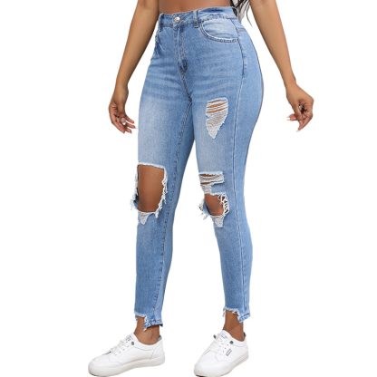Water Washed Hole Slim High Waist Stretch Retro Denim Skinny Pants Women - Image 4