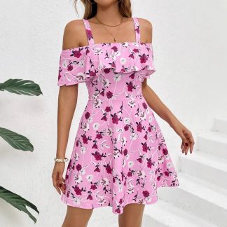 Flower Off-the-shoulder Strap Ruffled Birthday Event Dress