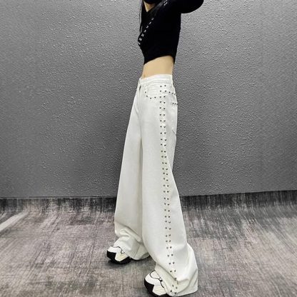 American-style Plus Size Handsome Beaded White Jeans - Image 3