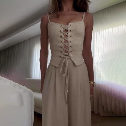 Pure Desire Sexy Cutout Lace-up Casual Wide-leg Pants Set - Image 6