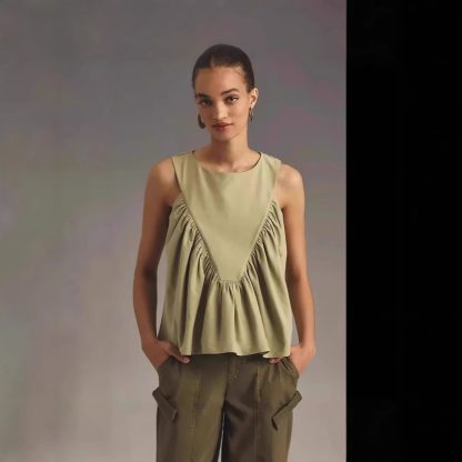 Pleated Decorative Vest Women's Solid Color Round Neck Sleeveless Pullover