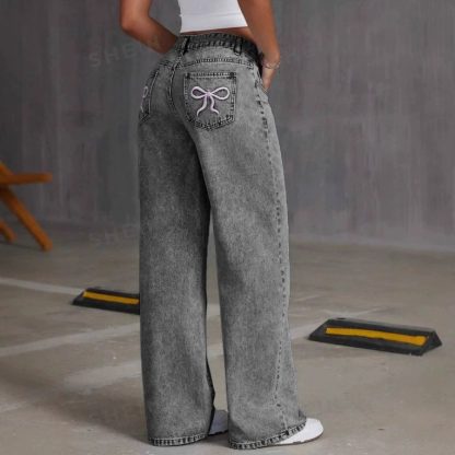 Vintage Bow Embroidered Washed Jeans For Women Straight Loose Trousers - Image 6