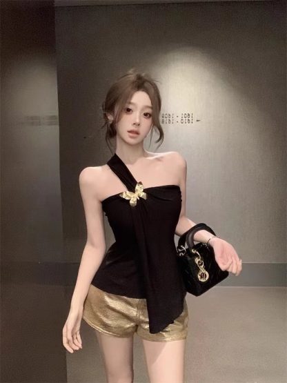 Women's Summer Slim-fit Pure Tube Top Vest Black Short - Image 3