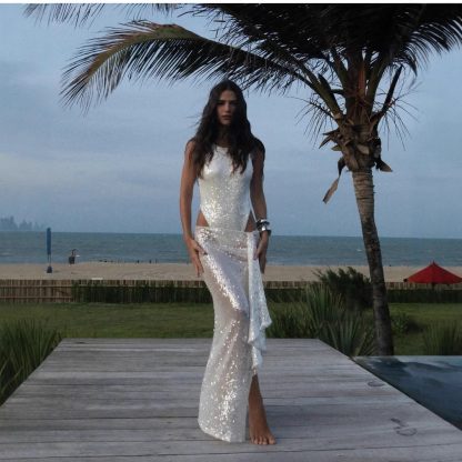 Spring And Summer Fashion Sequin Sleeveless Split Midriff Outfit Two-way Jumpsuit Skirt - Image 3