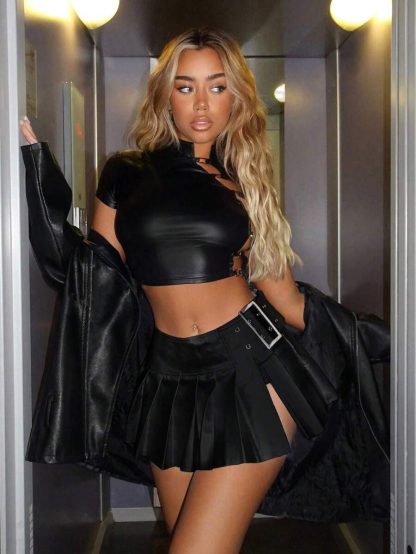Solid Color A- Line Pleated Leather Sexy Skirt - Image 3