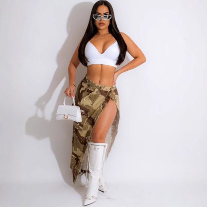 Women's Fashion Personalized Camouflage Wash Pocket Slit Tassel Skirt - Image 5
