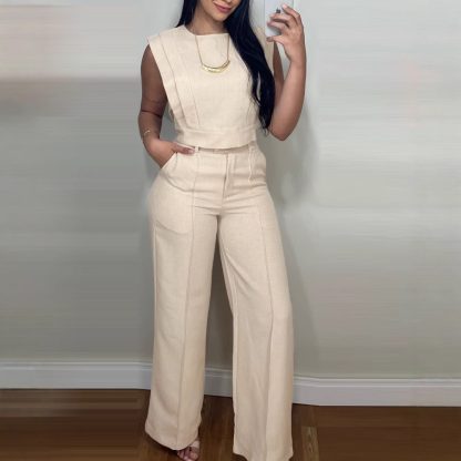 Summer Sleeveless Suit Fashion Round Neck Vest Top And Pocket Straight Pants Casual Trousers Set For Women Clothing - Image 3
