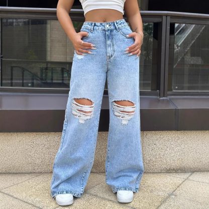 Ripped Washed Jeans Loose Straight Wide Leg - Image 5