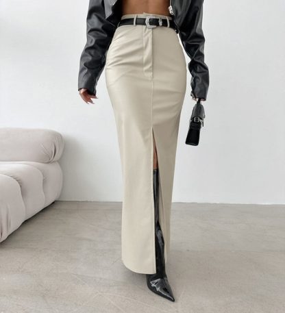 Leather Design Split Solid Color High Waist Simple Skirt - Image 7