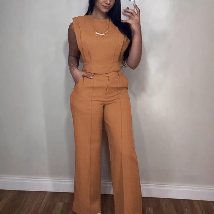 Summer Sleeveless Suit Fashion Round Neck Vest Top And Pocket Straight Pants Casual Trousers Set For Women Clothing - Image 4