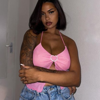 Hot Girl's Sexy Pink Mesh Stitching Chest-wrapped Halter Vest - Image 4